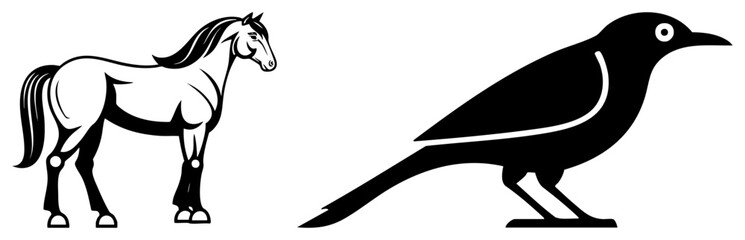 Obraz premium Striking duo featuring a graceful steed, also known as a nag or stallion, alongside a sharp avian silhouette, perhaps a crow or raven. This graphic uses bold shapes and clean.