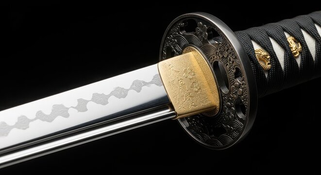 Japanese katana sword with intricate hamon pattern and gold tsuba handguard on black background.
