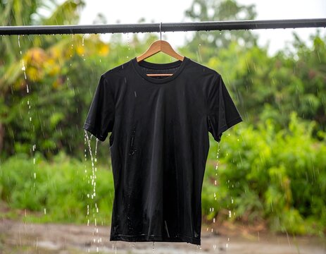 どしゃ降りの雨の中、干された衣類