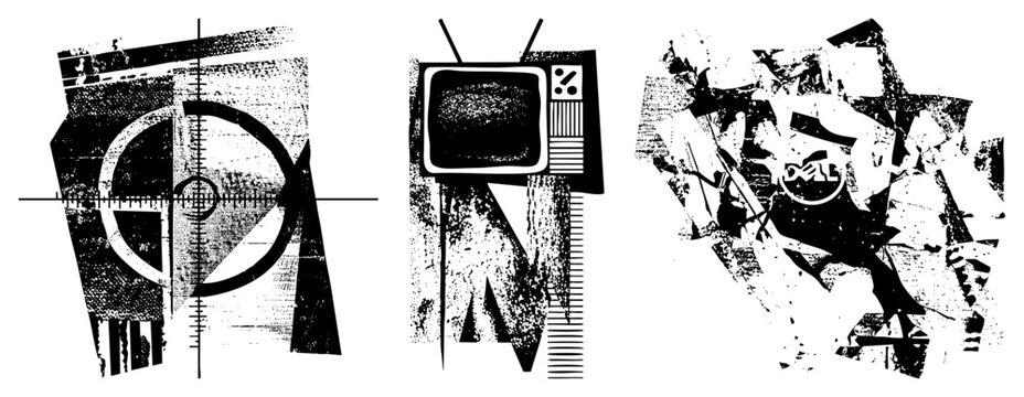 This gritty collage features a vintage cathode ray tube, also known as a boob tube, amidst distorted textures. Chaotic fragments and a classic telly create a raw, lo fi aesthetic.