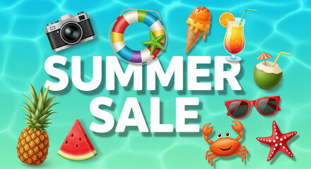 Naklejka premium Summer sale graphic with tropical items like pineapple, watermelon, ice cream, and coconut drink on a water background, symbolizing vacation and promotion