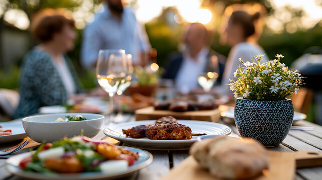 outdoor barbecue table after the meal with relaxed family members chatting in the background, natural documentary lifestyle photography, warm authentic emotions, soft sunlight,