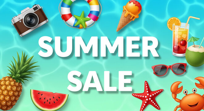 Summer sale graphic with tropical fruit, drinks, camera, and beach accessories on a water background symbolizing vacation and refreshment