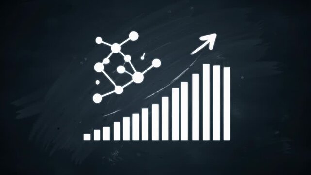 Captivating wide video: luminous 2D/3D motion graphics on deep dark grey. White lines, glowing shapes, and nodes fluidly form network graphs, flowcharts, and bar graphs, evolving via slow push-in.