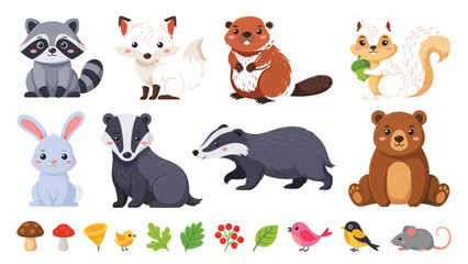 Fototapeta premium Cute woodland animals collection set vector illustration with cartoon forest creatures isolated on white background for kids design.