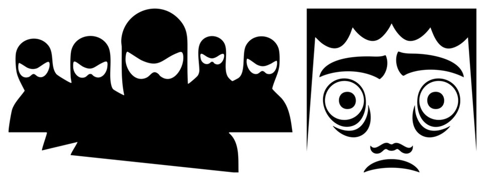 Group of stealthy shinobi figures standing together alongside a large stylized mask. These mysterious shadow and dark ninjutsu practitioners feature bold high contrast shapes.