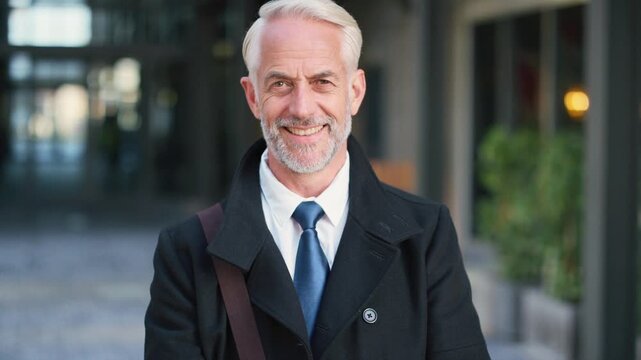 Real estate, man or happy with face in city for urban property inspection, building leasing or pride. Rental agent, mature person and smile outdoor for commercial scouting, experience and confidence