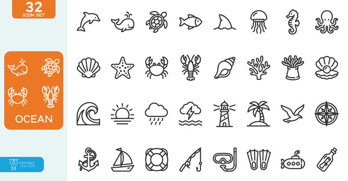 Ocean Vector illustration editable line icons set. Containing sea, ocean, marine, underwater animal, beach, fish, and more. on white background.