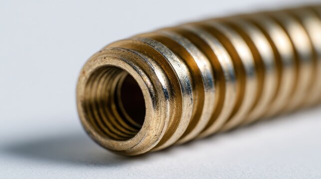 Detailed macro shot of a golden metallic threaded rod showcasing texture and spiral ridges on a smooth light background for industrial concept imagery