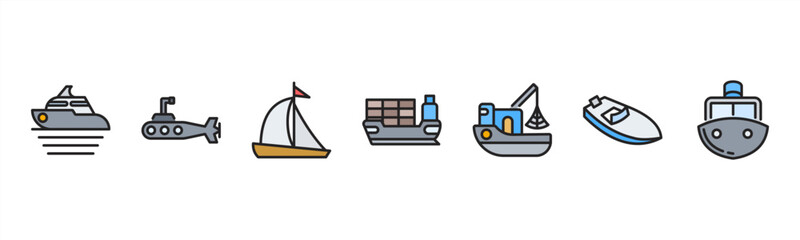 Fototapeta premium Marine Vessels set with Yacht, Submarine, Sailboat, Cargo Ship, Fishing Boat, Speedboat, and Ferry for nautical and maritime visuals.
