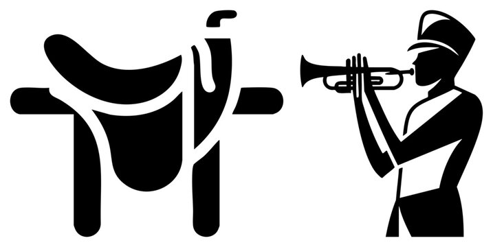 Bold black and white stencil featuring a riders tack and a military bugler. This silhouette depicts a cavalry saddle and a soldier blowing a trumpet, capturing a historic martial essence.