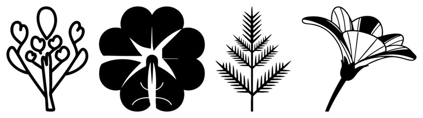 Naklejka premium Collection of organic shapes including a delicate blossom, a leafy sprig, and a stylized bloom. These botanical motifs, often called weeds or greenery, feature sharp black silhouettes.