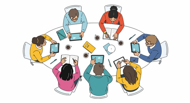 Overhead view of a diverse group of people sitting around a table working on laptops with papers and coffee cups scattered around them in a collaborative meeting setting.