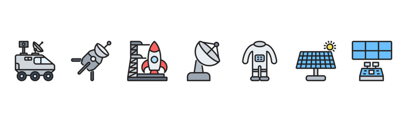 Space Technology set featuring Rover, Space Probe, Launch Pad, Satellite Dish, Space Suit, Solar Panel, Control Center for space engineering visuals. © Dewi Sari