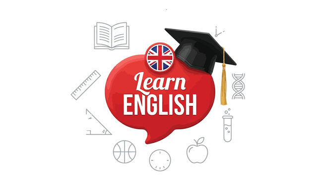 Vibrant red speech bubble vector illustration with a graduation cap for learning the english language