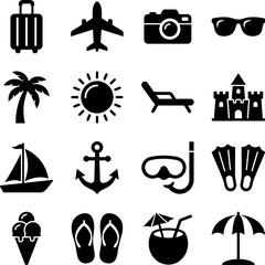 Black and white icons of various summer vacation travel objects and activities © Md Imran