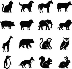 Obraz premium Collection of various animal silhouettes on white background icons symbols