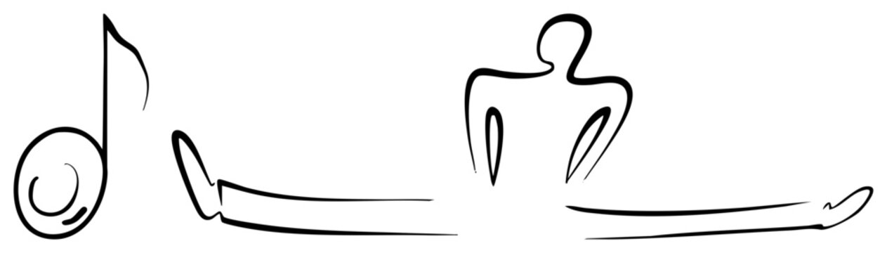 Graceful dancer performing a split, also known as a gymnast or contortionist, paired with a flowing musical note. This rhythmic silhouette captures a lyrical movement through simple strokes.