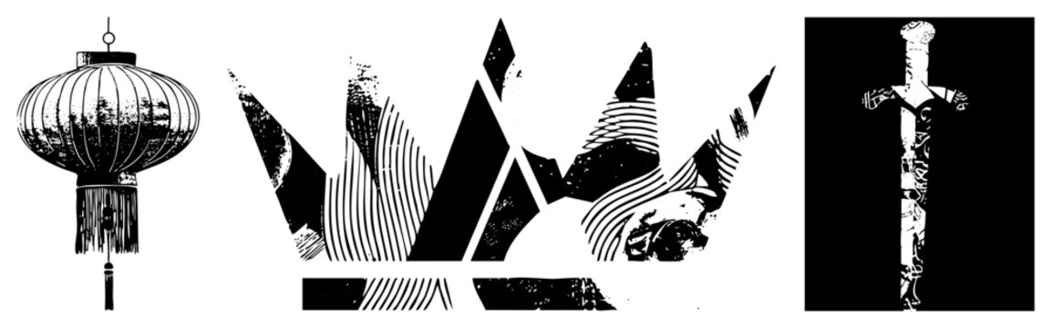 Distressed collection of graphic elements including a paper lantern, a jagged crown, and a ceremonial blade. This grunge stencil set features heavy halftone textures and high contrast ink spla