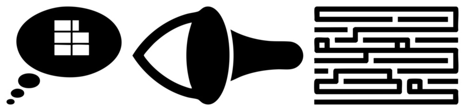 Set of black silhouette graphics featuring a thinking head bubble, a loud hailer, and a complex maze. This collection of brainwork symbols and sound makers provides essential visual elements.