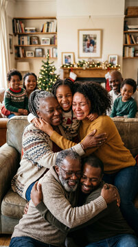 Emotional reunion between black grandparents and black family members, concept of belonging and unconditional love