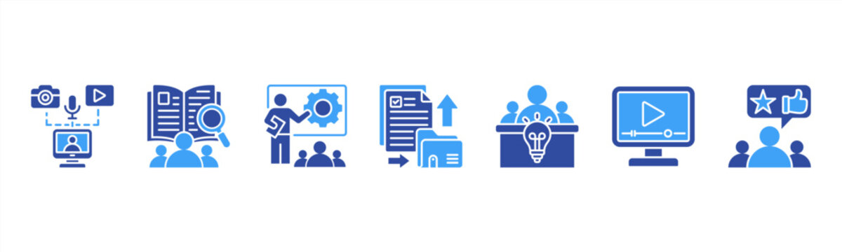 Knowledge Sharing Management icon set includes Content Creation, Internal Wiki, Training Sessions, Document Sharing, Expert Panels, Video Tutorials, and Feedback for enhanced learning.