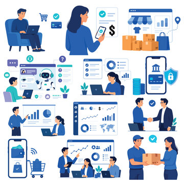 E-commerce and Online Shopping Vector Illustration Set with AI Chatbot, Mobile Payment, Digital Banking, Customer Support, Secure Transactions and Delivery Service