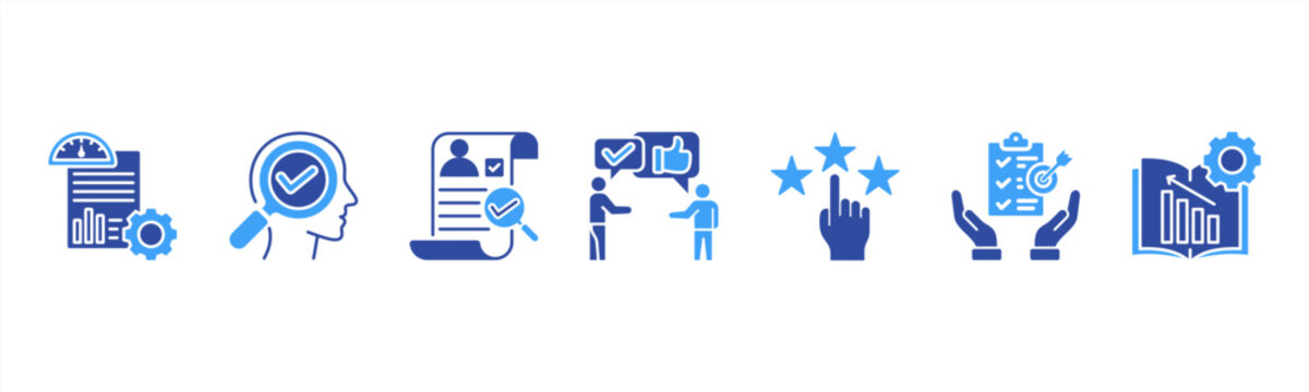 Performance Appraisal Management icon set includes KPI Setting, Self Evaluation, Peer Review, Manager Feedback, Rating, Goal Review, and Development Plan for effective performance assessment.