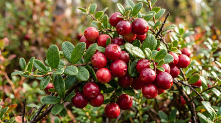 Ripe lingonberries growing on a bush in the forest