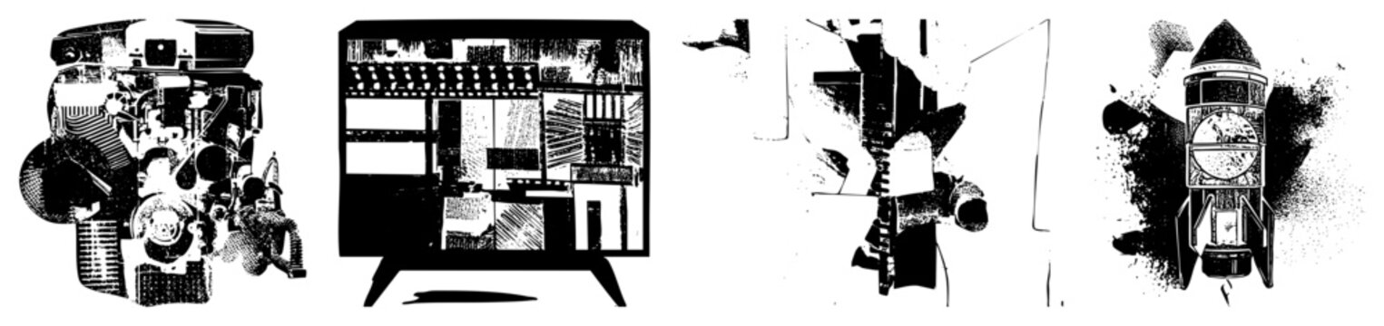 High contrast black and white stippled graphics featuring a heavy engine block, a vintage, and a retro ship. Includes a motor assembly, cathode ray tube, and space.