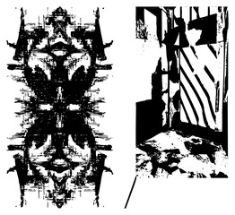 Obraz premium This gritty ink blotch design features a chaotic symmetrical, resembling a dark Rorschach test or a messy blot. The distressed stencil aesthetic provides a raw, edgy visual.