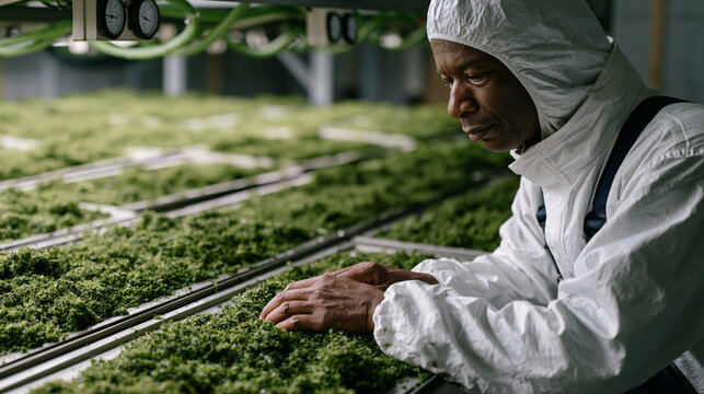 Worker in protective coveralls monitoring rows of stacked black soldier fly larvae trays inside a climate-controlled insect protein farming facility, humidity gauges and automated