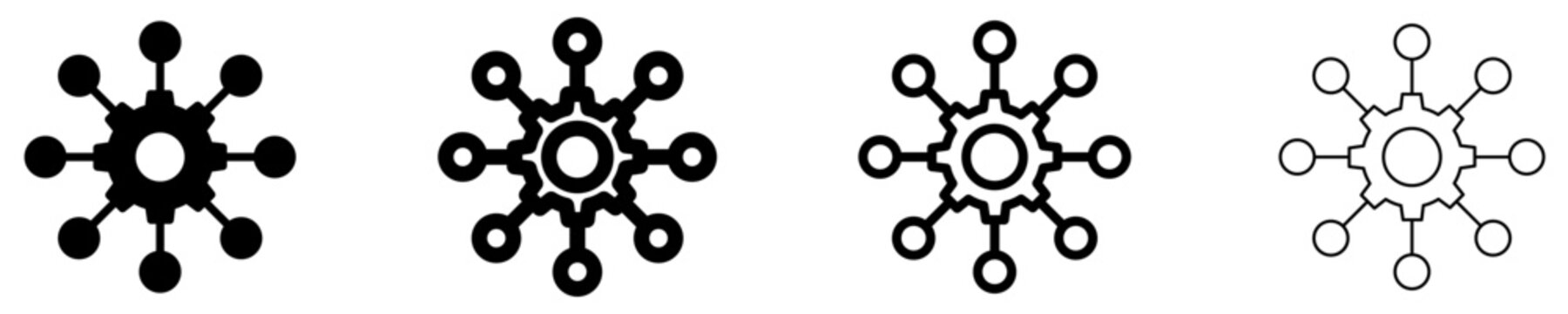 Set of system integration, network management, or centralized gear icons, symbols for connectivity, automation, process management, and technological structure. Vector illustration