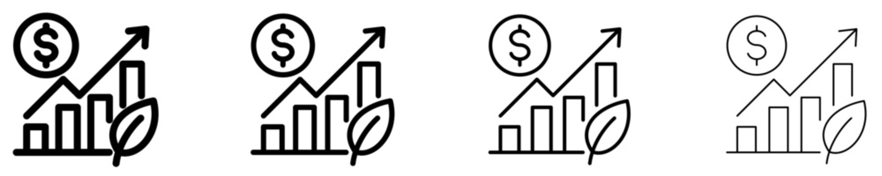 Set of financial growth, green economy, or eco-investment icons, symbols for economic efficiency, sustainability, profit growth, and environmental protection. Vector illustration