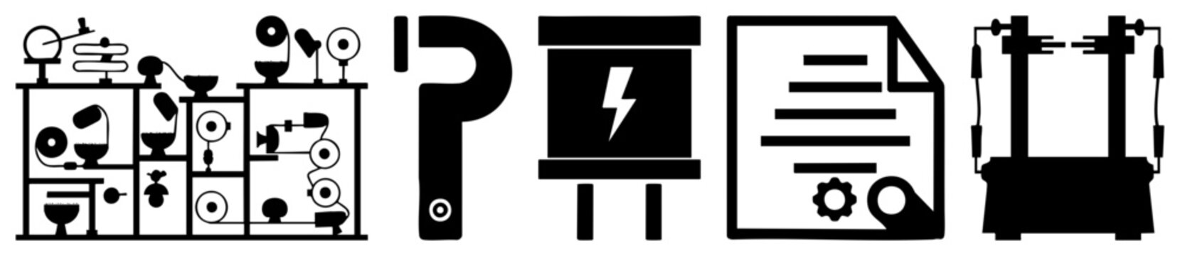 This collection of technical glyphs features a lab setup, a chemistry sign, and a formal report. It includes various research tools like a titration rig, a test station, and a data sheet.