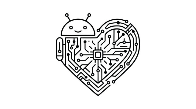 Android robot with heart shaped circuit board.