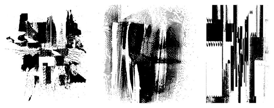 This collection of gritty ink splatters and digital artifacts features dark noise patches, datamosh textures, and rough brushwork. These distorted shapes provide an edgy, experimental aesthetic for cr