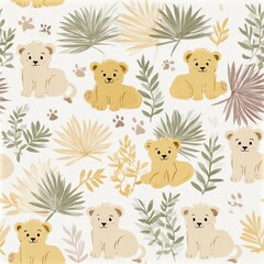 Naklejka premium Cute lion cub pattern with tropical leaves, playful safari theme, nursery decor, charming wildlife illustration. SEAMLESS PATTERN