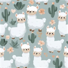 Naklejka premium Cute llama pattern with cacti and pastel accents, playful desert theme, nursery illustration, child friendly design. SEAMLESS PATTERN
