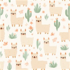 Obraz premium Cute llama pattern with cacti and pastel accents, playful desert theme, nursery illustration, child friendly design. SEAMLESS PATTERN