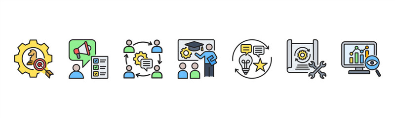 Fototapeta premium Change Management icon set includes Strategy, Communication Plan, Stakeholder Engagement, Training, Feedback, Implementation, and Monitoring for organizational transformation.