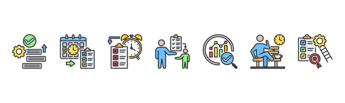 Time Management icon set includes Prioritization, Scheduling, Deadlines, Task Delegation, Progress Tracking, Breaks, and Goal Setting for optimal productivity.