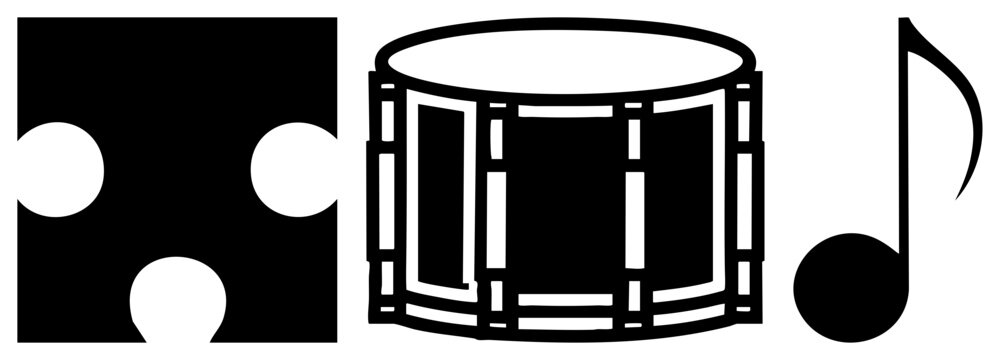 Clean stencil composition showing a snare drum, a rhythmic beat maker, and a single musical note. This rhythmic kit includes a percussion instrument and a melodic symbol.