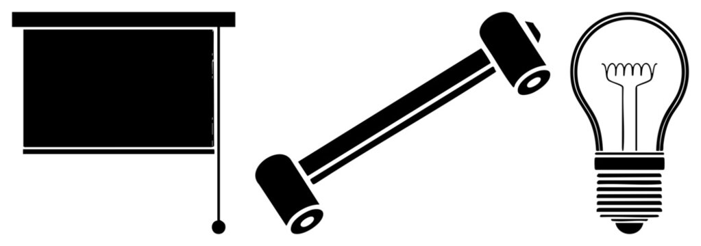 Collection featuring a projector screen, a heavy iron weight, and a classic light bulb. This set includes a pull down shade, a hand weight, and a glowing bulb in a flat black style.