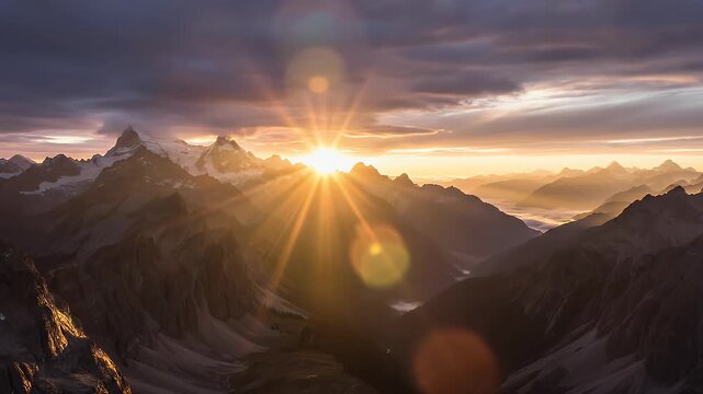 Majestic sunbeams pierce through dramatic clouds over a rugged mountain range at dawn