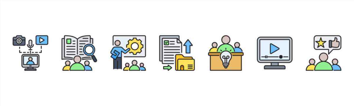Knowledge Sharing Management icon set includes Content Creation, Internal Wiki, Training Sessions, Document Sharing, Expert Panels, Video Tutorials, and Feedback for enhanced learning.