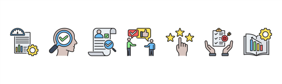 Performance Appraisal Management icon set includes KPI Setting, Self Evaluation, Peer Review, Manager Feedback, Rating, Goal Review, and Development Plan for effective performance assessment.