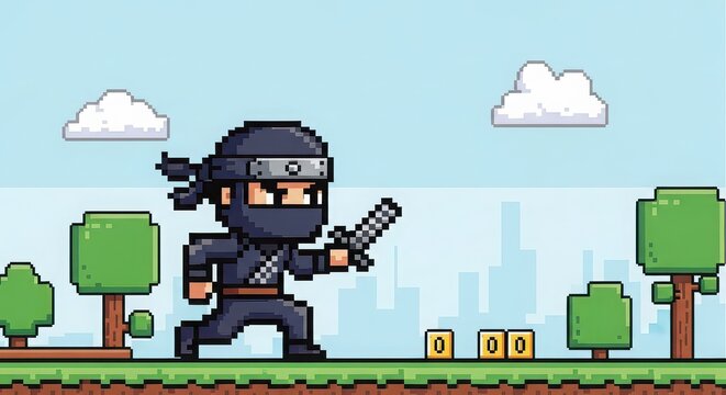 Pixelartninjacharacterrunningwithshurikensinaforestwithtreesandclouds.