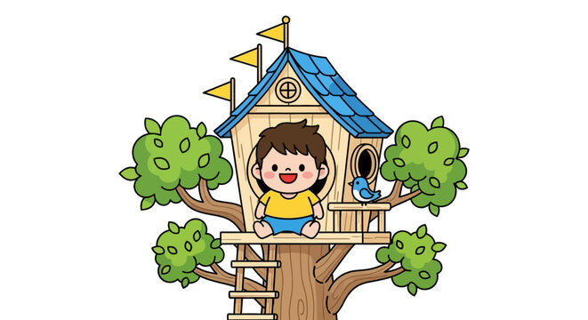 Happy boy playing in colorful backyard treehouse with cat.