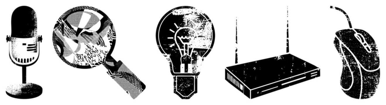 Collection of distressed digital featuring a vintage mic, magnifying glass, lightbulb, router, and computer mouse. These gritty assets include a tech gizmo and various hardware tools.